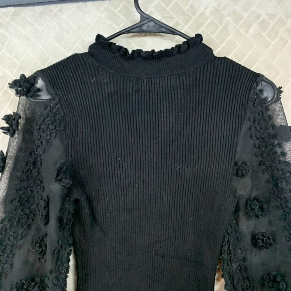 Almost Famous Womens S Sweater Black Ribbed Sheer Long Puff Sleeve Cabin Cottage - Picture 13 of 16